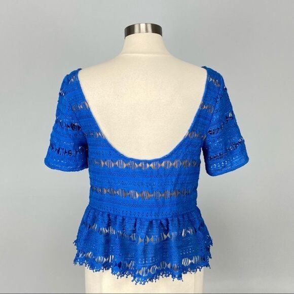 Tracy Reese Womens Blue Lace Short Sleeve Tee Top Scoop Back Flounce Hem size M - Picture 8 of 13